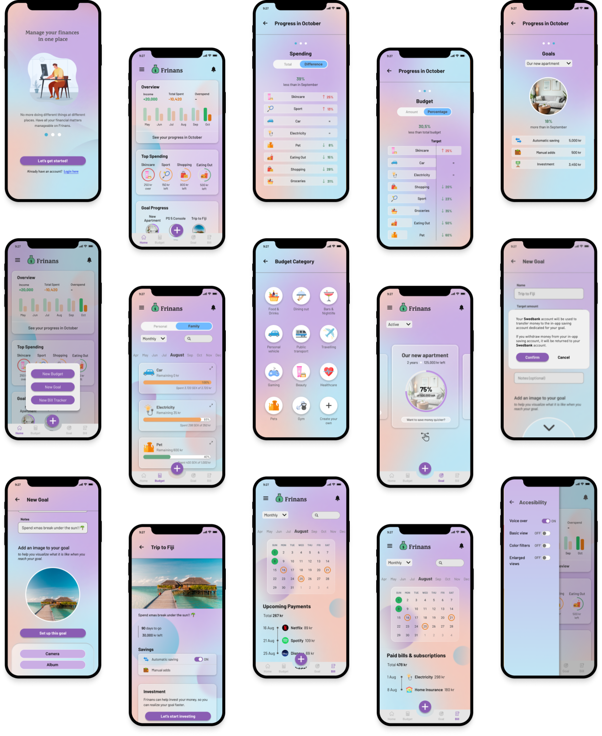 Images of high fidelity wireframes of Frinans web app.