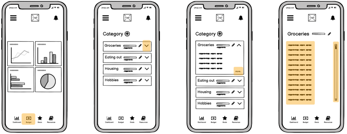 Images of low fidelity wireframes for Budget Tracking feature.