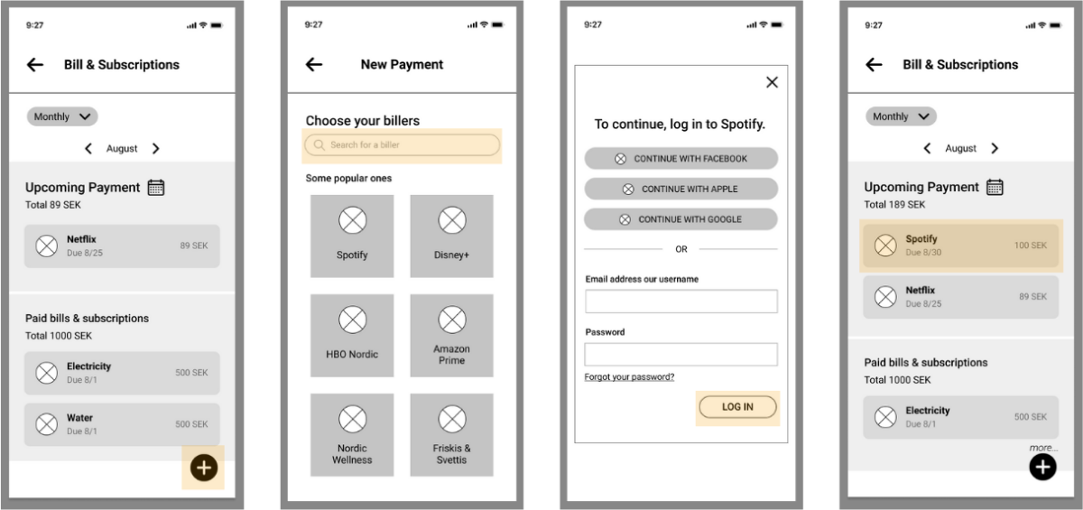 Images of mid fidelity wireframes for Bill Payment Tracking feature.