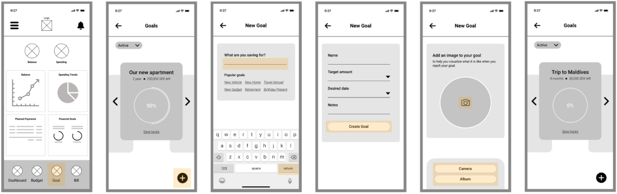 Images of mid fidelity wireframes for Financial Goal Tracking feature.