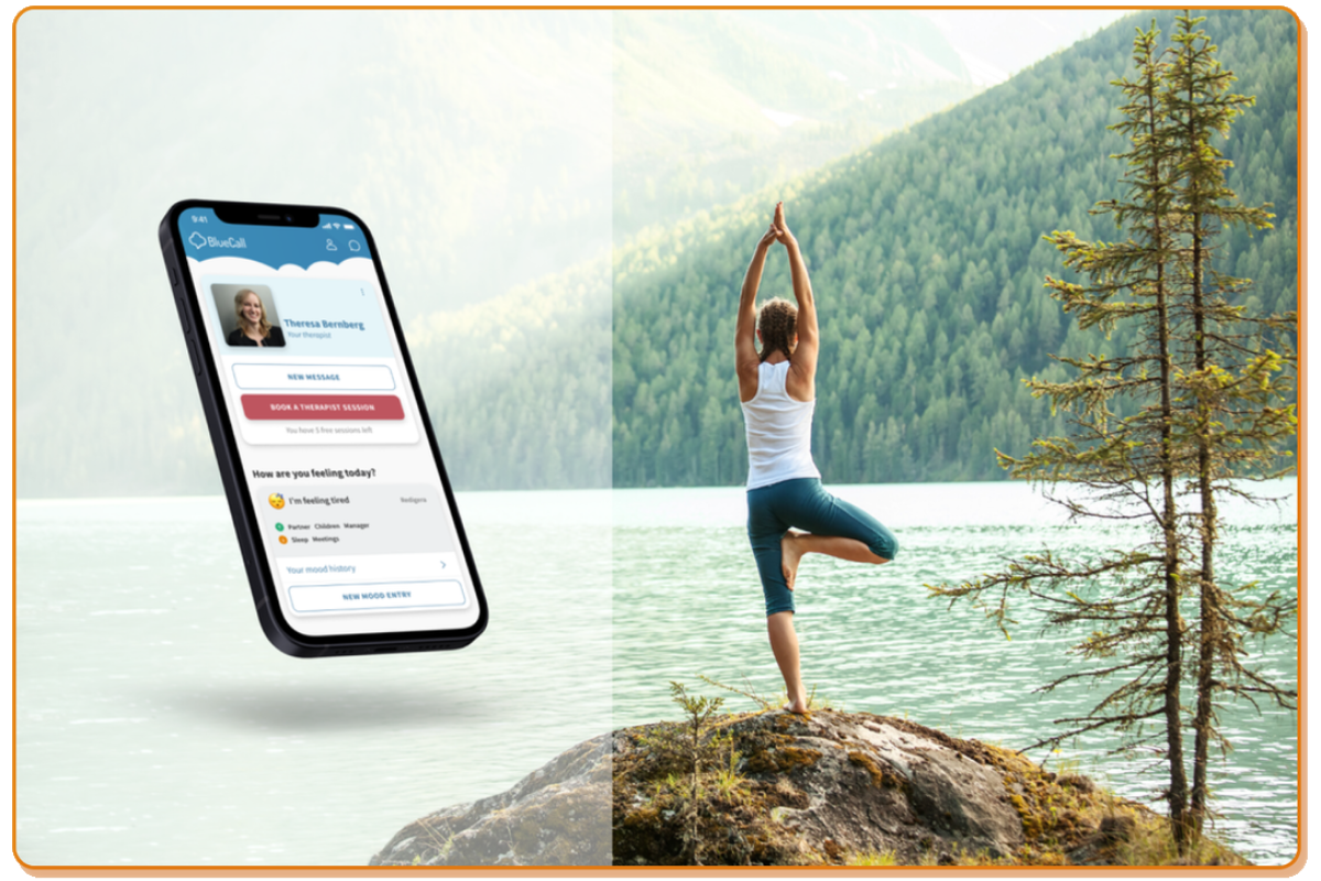 BlueCall mockup on a mobile phone and a woman does yoga pose facing the back.