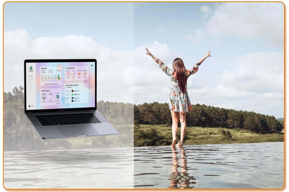 Frinans mockup on a laptop and a woman stands facing the back.